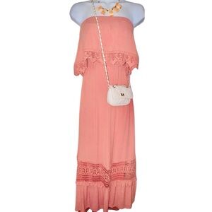 Daytrip Peach Boho Dream Cold Shoulder Fully Lined Maxi W/ Crochet Lace Details!